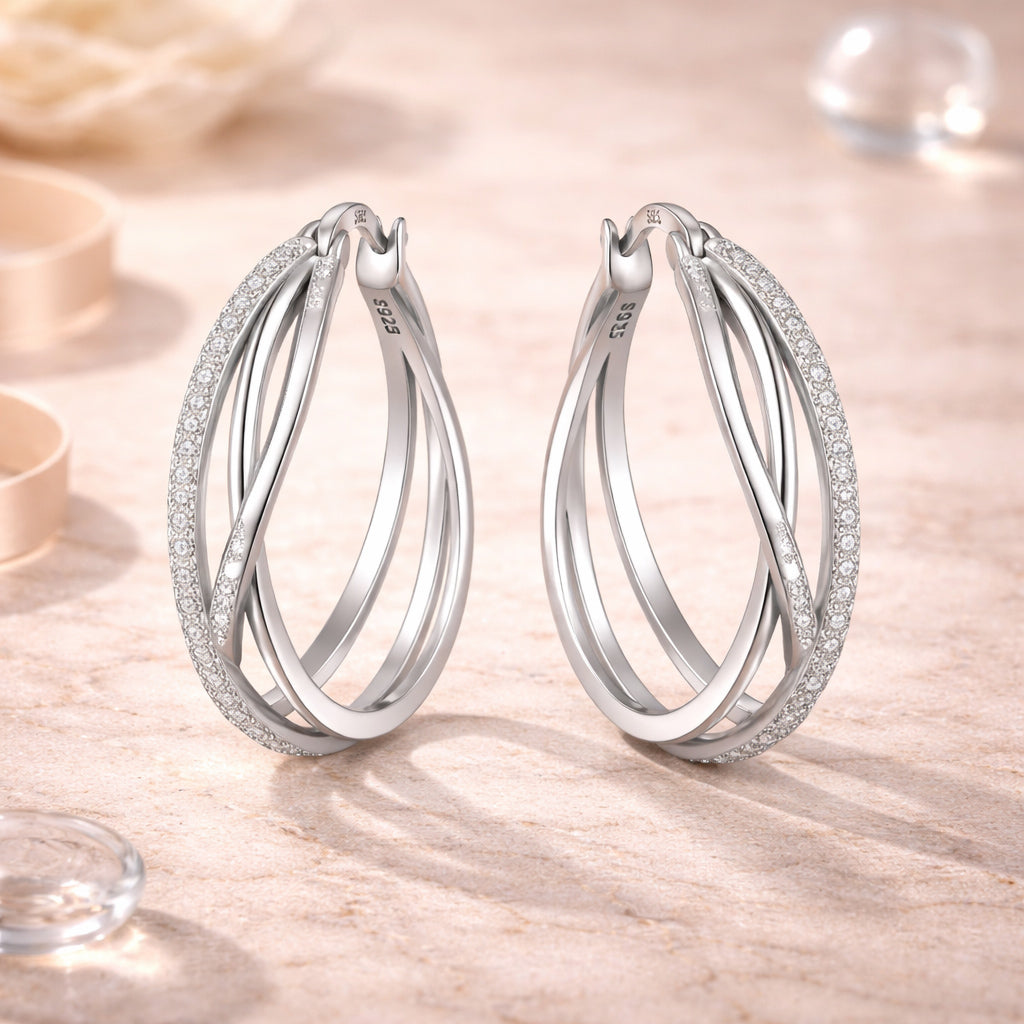 Ohrringe aus 925er Sterling-Silber, Creolen geflochten mit Zirkonia