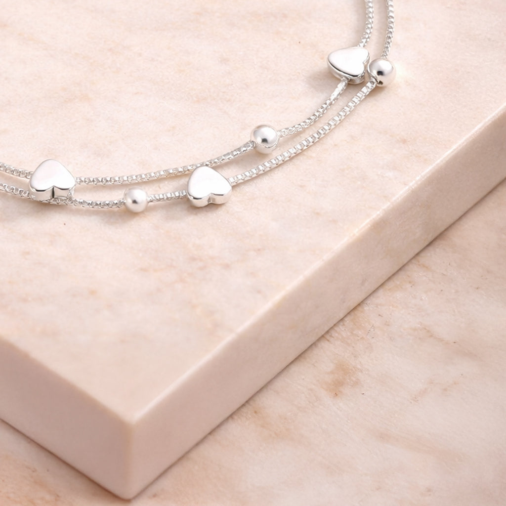 Armband aus 925er Sterling-Silber, 2-lagig mit Herzchen und Kugel