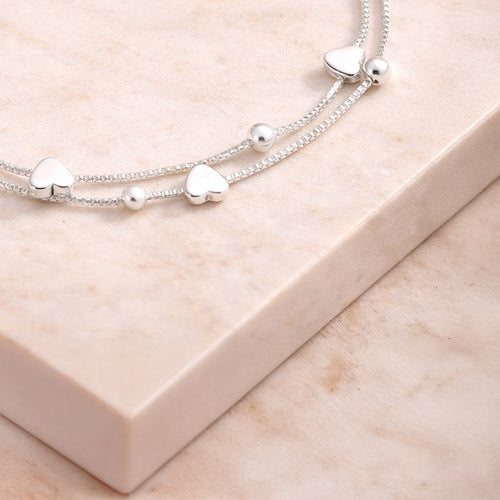 Armband aus 925er Sterling-Silber, 2-lagig mit Herzchen und Kugel