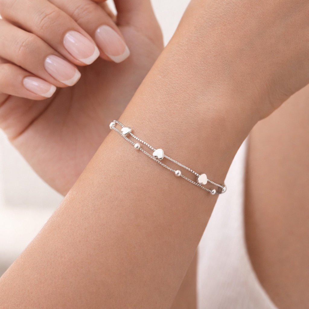 Armband aus 925er Sterling-Silber, 2-lagig mit Herzchen und Kugel